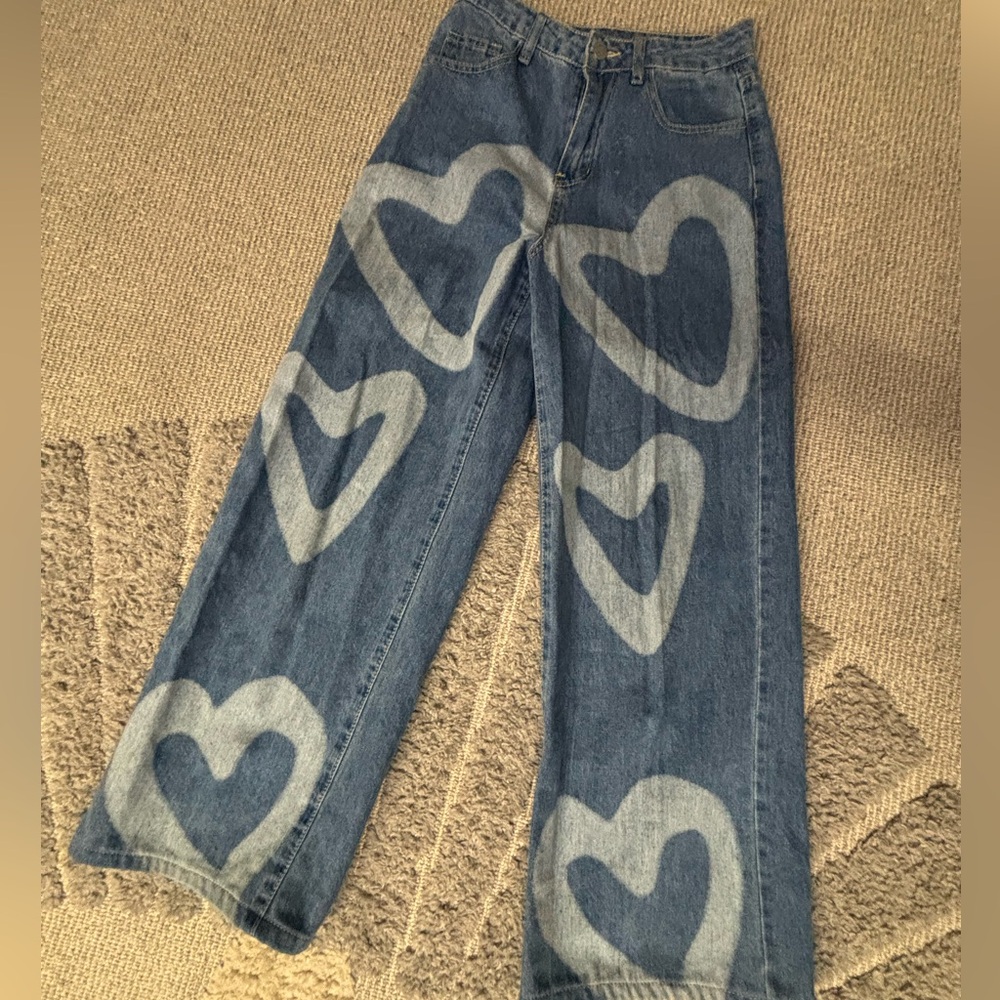 SHEIN Heart Print Wide Leg Jeans Blue - Size 0 / 24